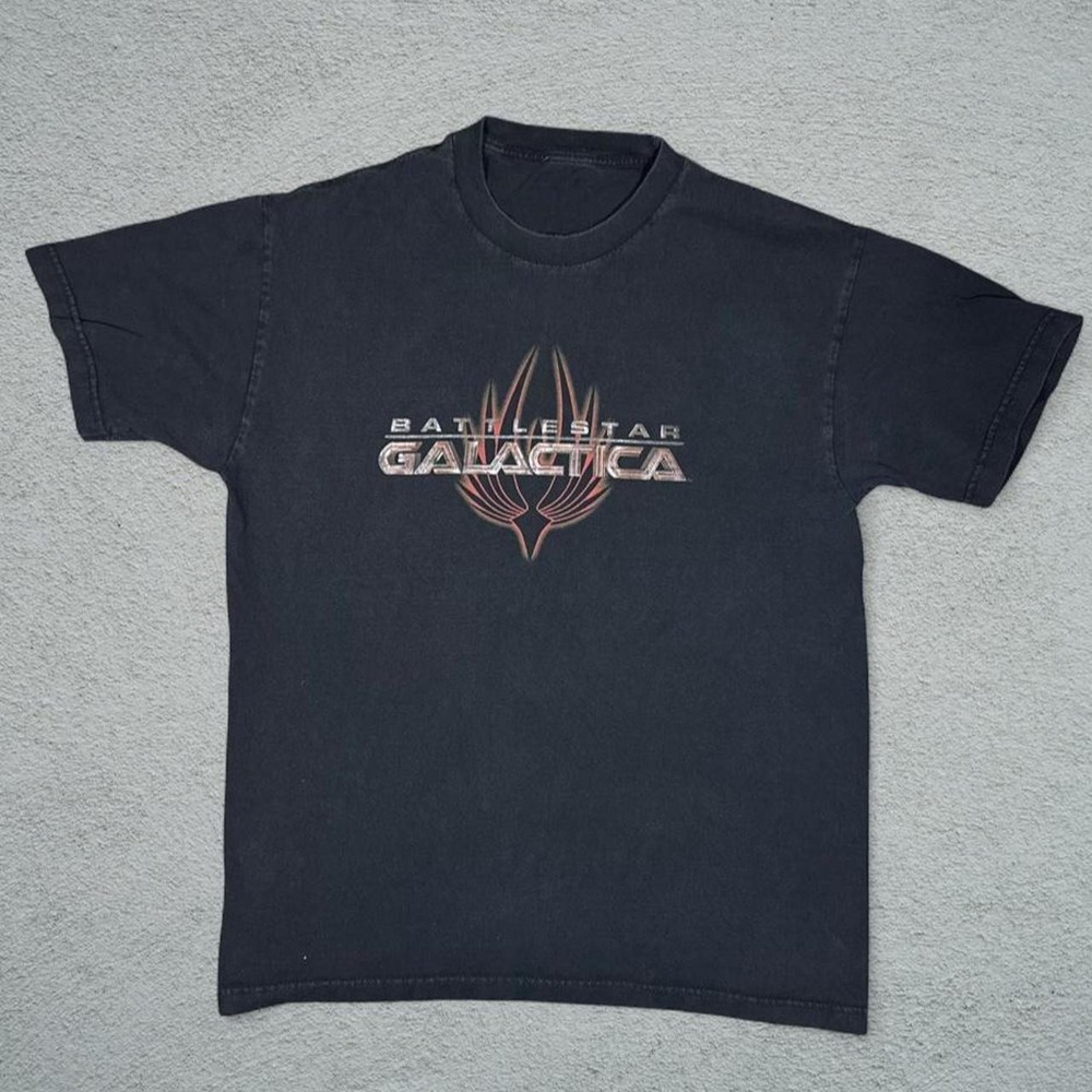 Vintage Battlestar Galactica Black Graphic T-Shirt Rare Sci-Fi Logo Tee Mens